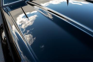 Reflection on the hood of a highly polished black car.